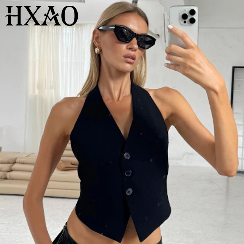 

HXAO Women's Vest Crop Halter Neck Waistcoat Black White Grey Outerwears Button Backless Sleeveless Top Female Chic Elegant Vest