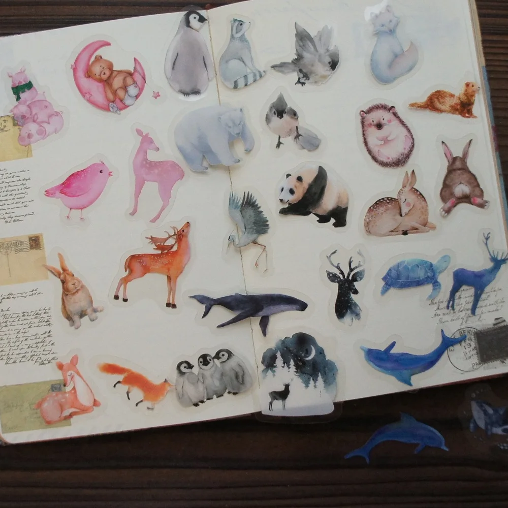 38pcs White Black Red Blue Color Animal Fox Panda Deer Style PVC Sticker Scrapbooking DIY Gift Packing Label Decoration Tag