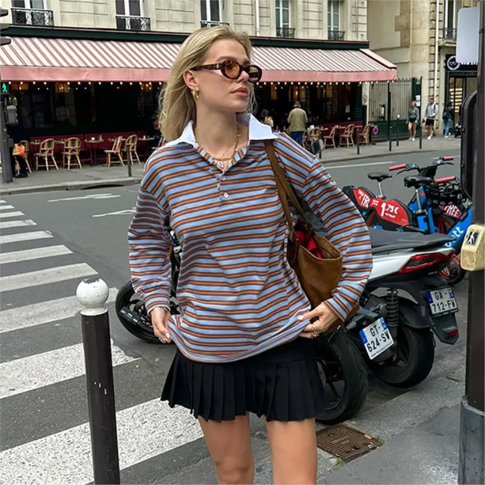 Women's Clothing Long Sleeve Tops Stripe Fashion Contrast Casual Loose Simple Style All-match Commuting Temperament Comfortable 3