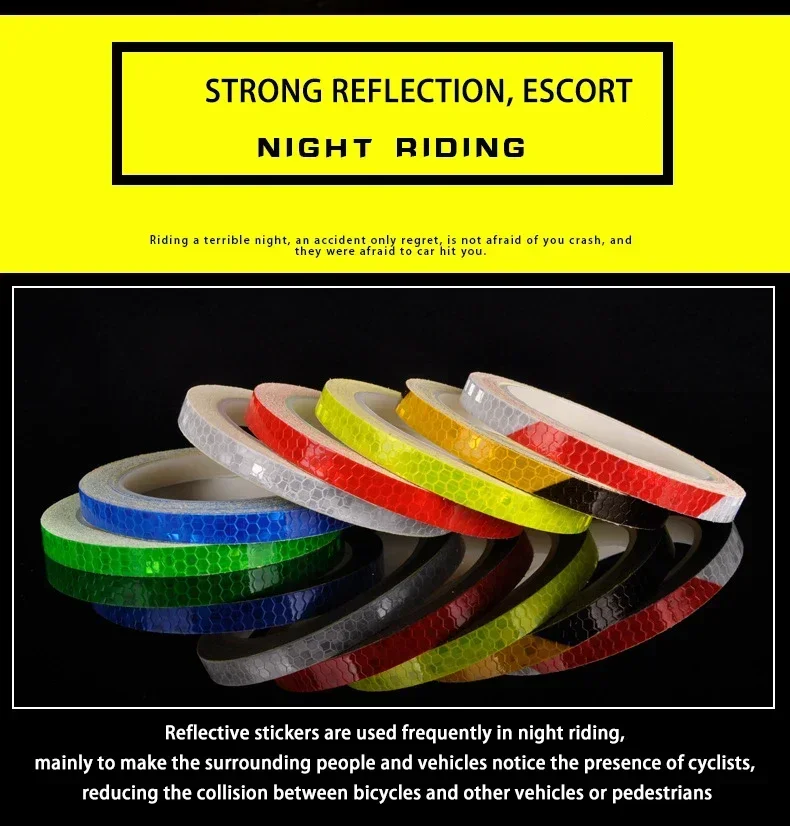 1cmx8m Bike Reflective Stickers Cycling Fluorescent Reflective Tape Bicycle Adhesive Tape Safety Decor Sticker Accessories