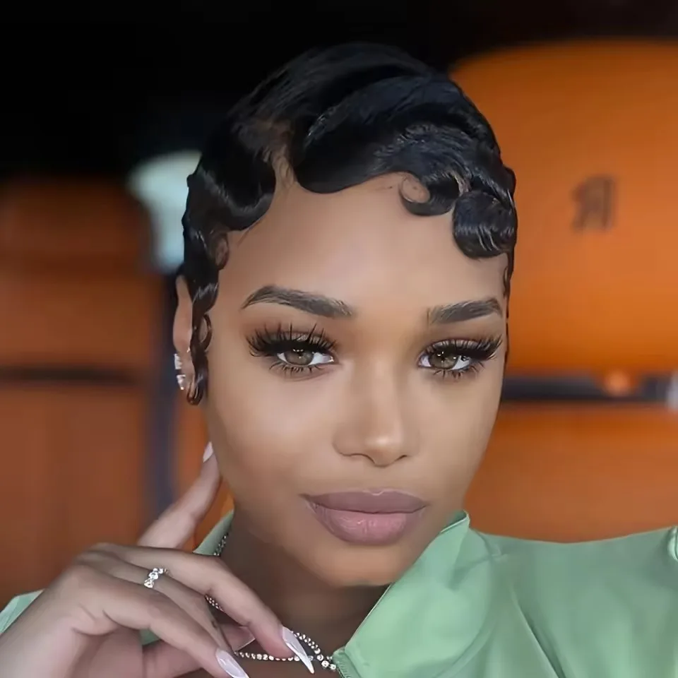 أسود 5 بوصة ريترو أنيق عابث قطع موجات الأصابع الباروكات شعر الإنسان 100% طبيعي واقعي متشابكة خالية آلة كاملة مصنوعة للنساء