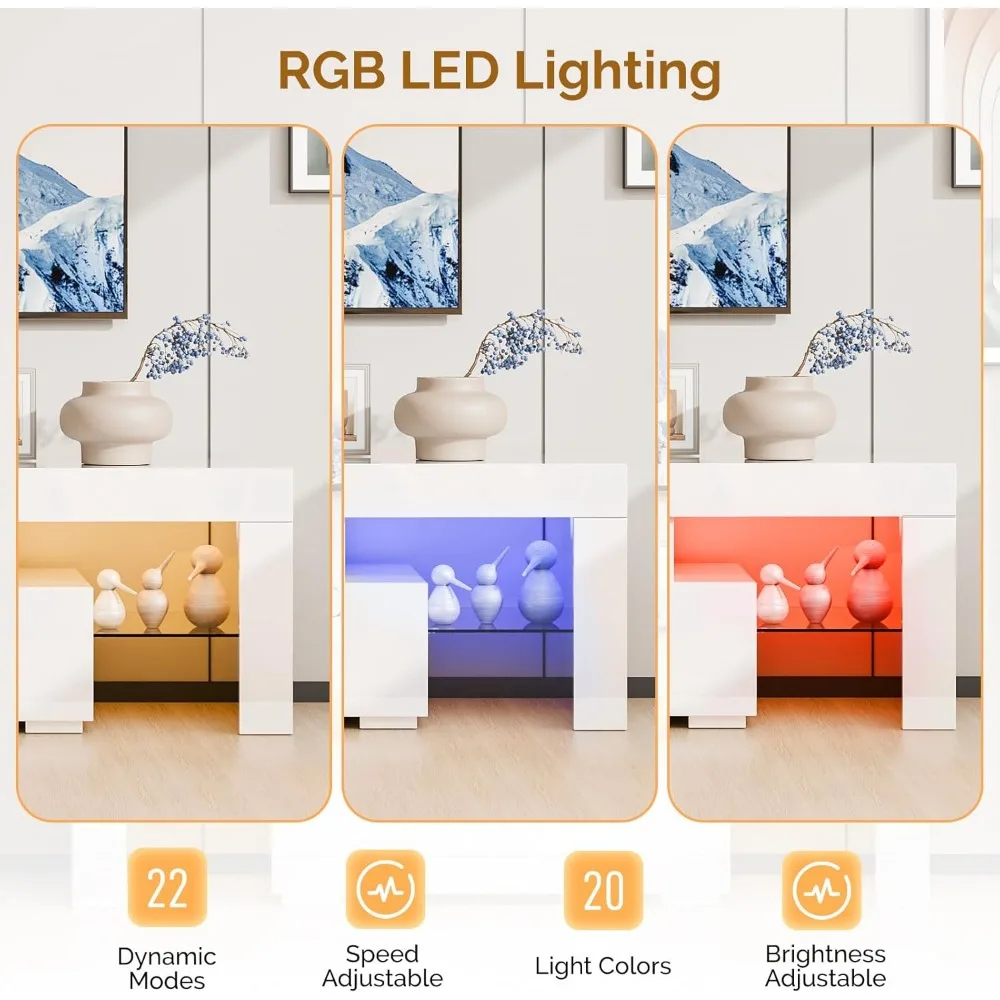 ขาตั้งทีวี LED 51 ดวงแบบโมเดิร์นเงาสูง พร้อมที่เก็บของและไฟ LED สำหรับทีวีขนาด 40-55 นิ้ว ศูนย์รวมความบันเทิง สีขาว