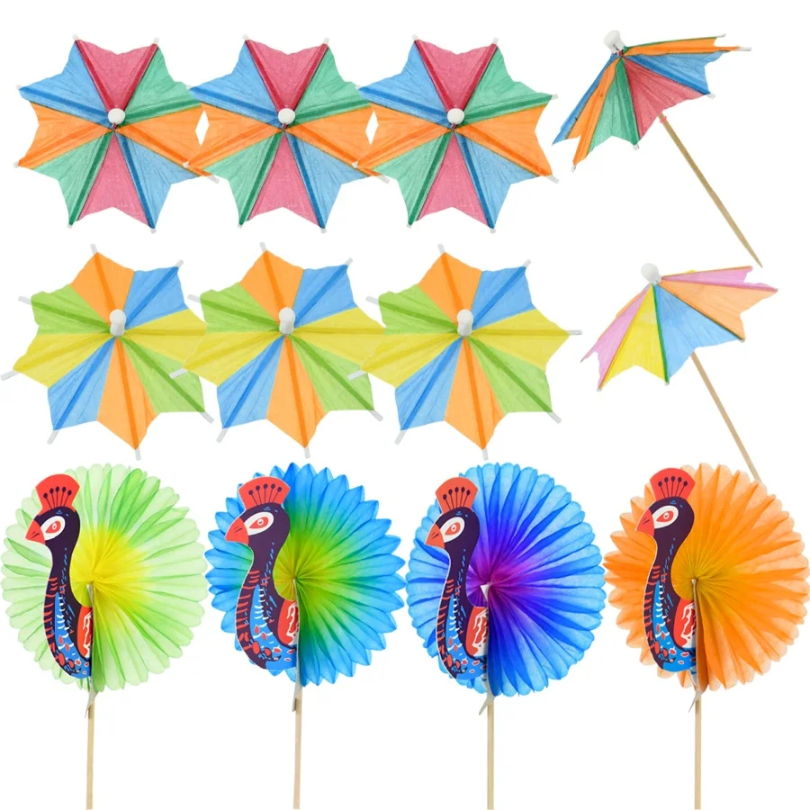 20/30/50 stücke Lebendige Pfau Holz Sticks Cocktail Pick Dessert Kuchen Dekor Papier Sonnenschirme Cupcake Topper Tropical Hochzeit party