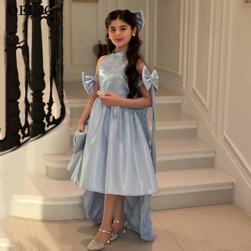 OEING Elegantes A-Linien-Blumenmädchenkleid mit O-Ausschnitt und Perlenstickerei, Midi-Kleid für Hochzeiten, Partys, Mädchenkleid mit Schleifen, Prinzessinnen-Geburtstagskleid, individuell gestaltet