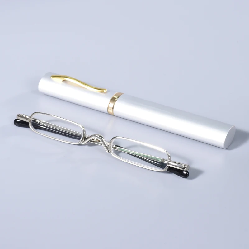 Sliver Full Frame Metal Narrow Reading Glasses HD Vision Spring Hinge Comfort Fit Portable Unisex Presbyopia Glasses With Pen