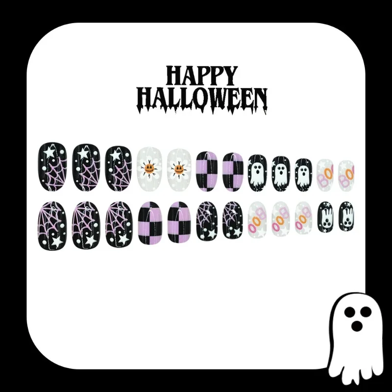 24pcs Fake Nails Cute Ghost Checkered Pattern Spider Web and Pumpkin Designs—Halloween-themed Press-On Nails Perfect for Girls - view 4