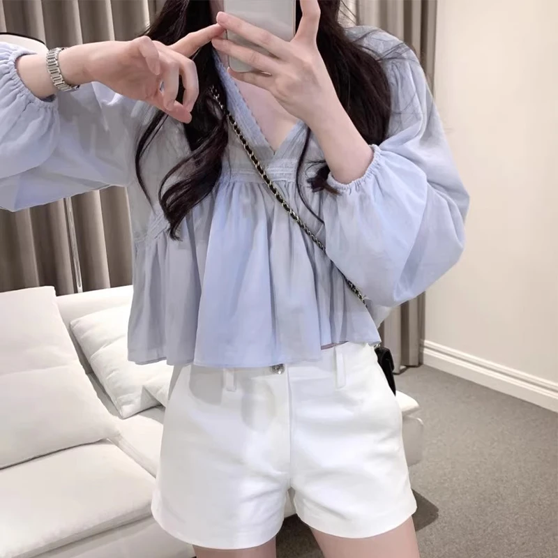 المرأة قميص الخريف جديد الخامس الرقبة الدانتيل المرقعة بلوزات طويلة الأكمام الكورية شيك الحلو لطيف الصلبة تنوعا بلوزات قصيرة