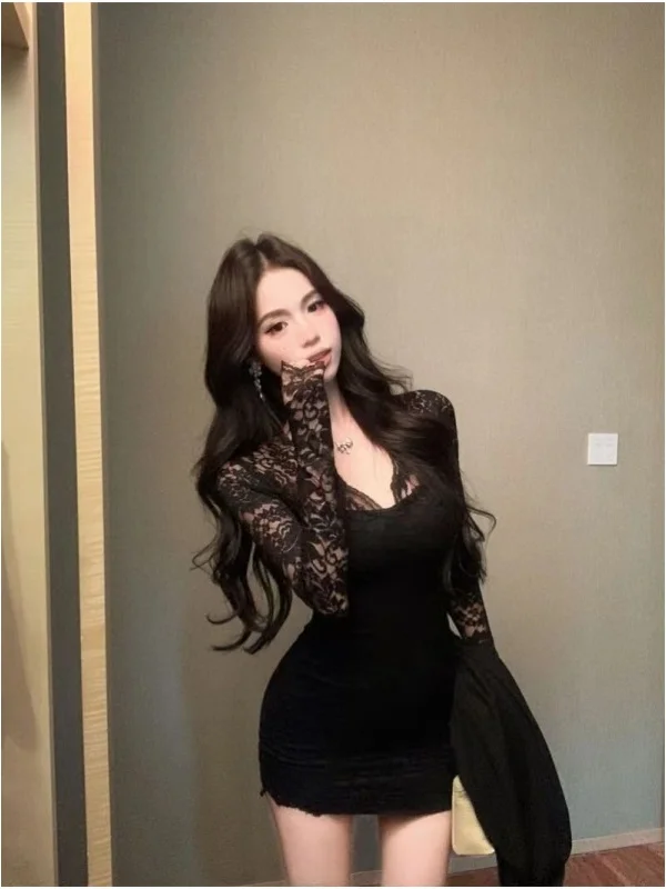 

Ele Bla Lace Dr Женская сексуальная облегающая юбка с v-образным вырезом и внутренней частью осень-зима Faion Casual Long Sve Dr