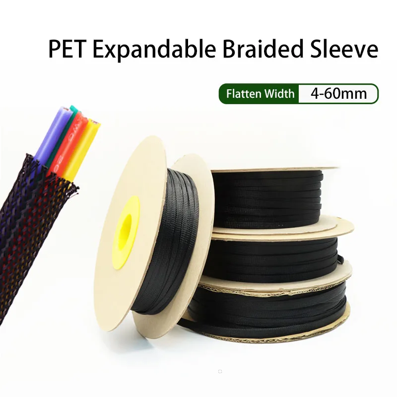 5M/10M PET Expandable Braided Cable Sleeving 4-60mm Cable Protection Black Nylon High Density Tight Insulation Wire Sheathing
