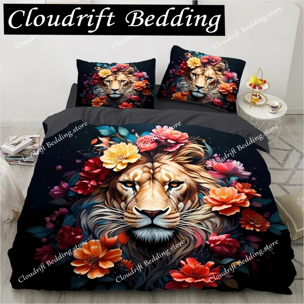 3D Animal Duvet Cover Set Black Art Tiger Flowers Bedding Set - Soft Microfiber TwinQueenKing220x240cm Size Youth Bed Linen