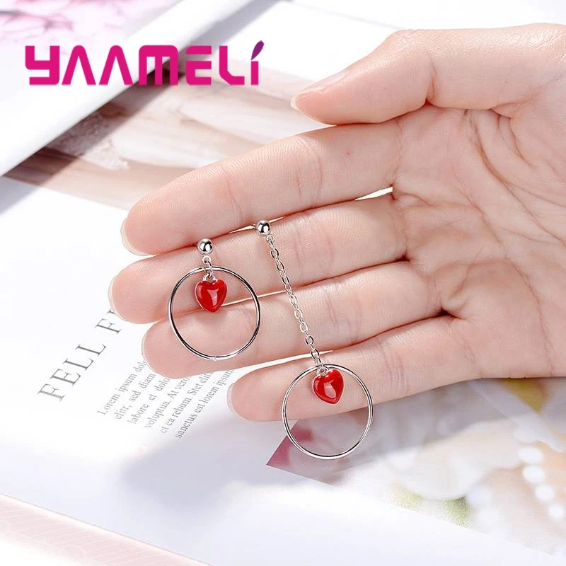 Earrings 925 Sterling Silver Long Short Paragraph Mystery Style Large Ring With Red Classic Love Shape Wedding Jewelry