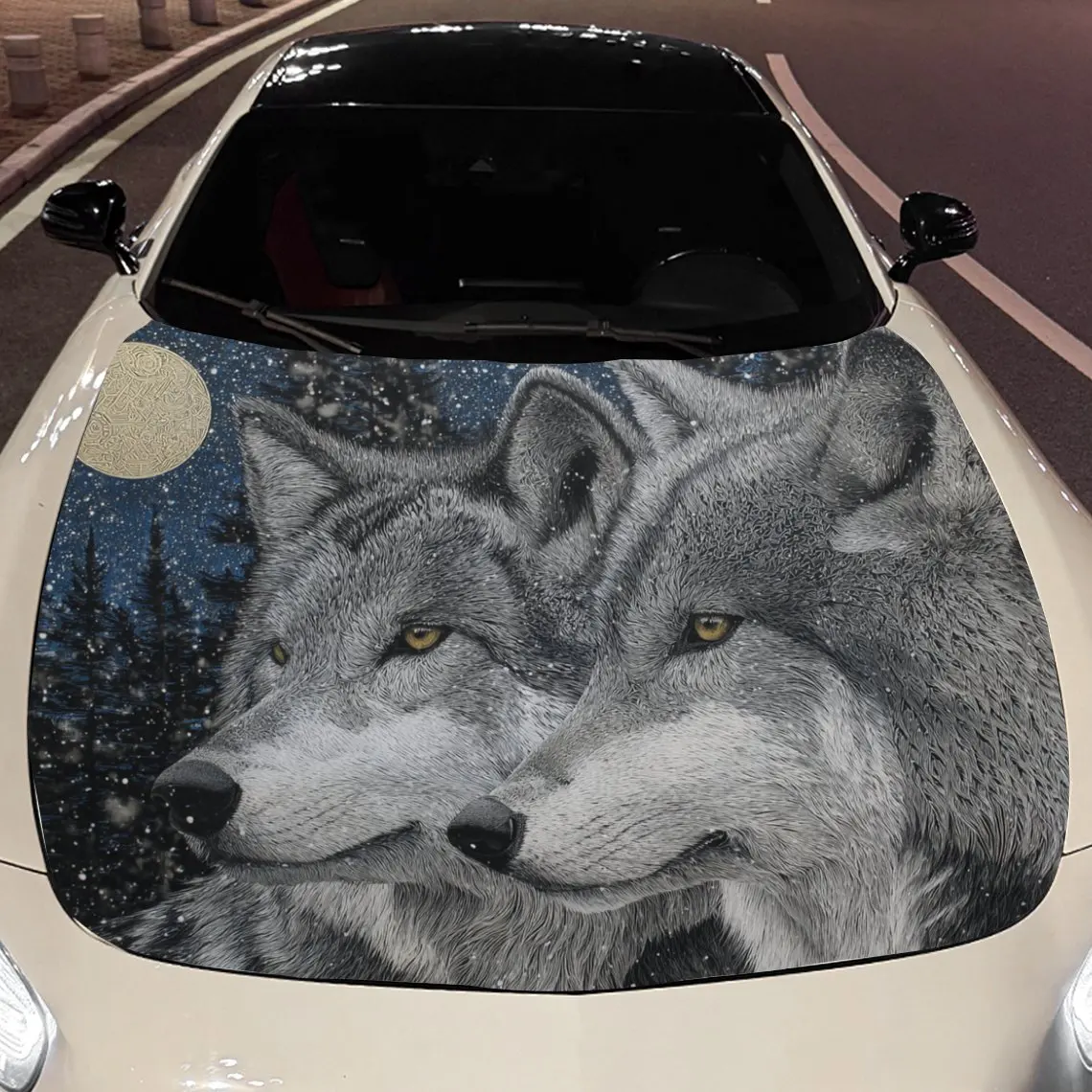 Car Decals Two Wolves With Piercing Gazes Amidst A Moonlit Forest Car Hood Sticker, Waterproof Self - Adhesive Vinyl Graphics De
