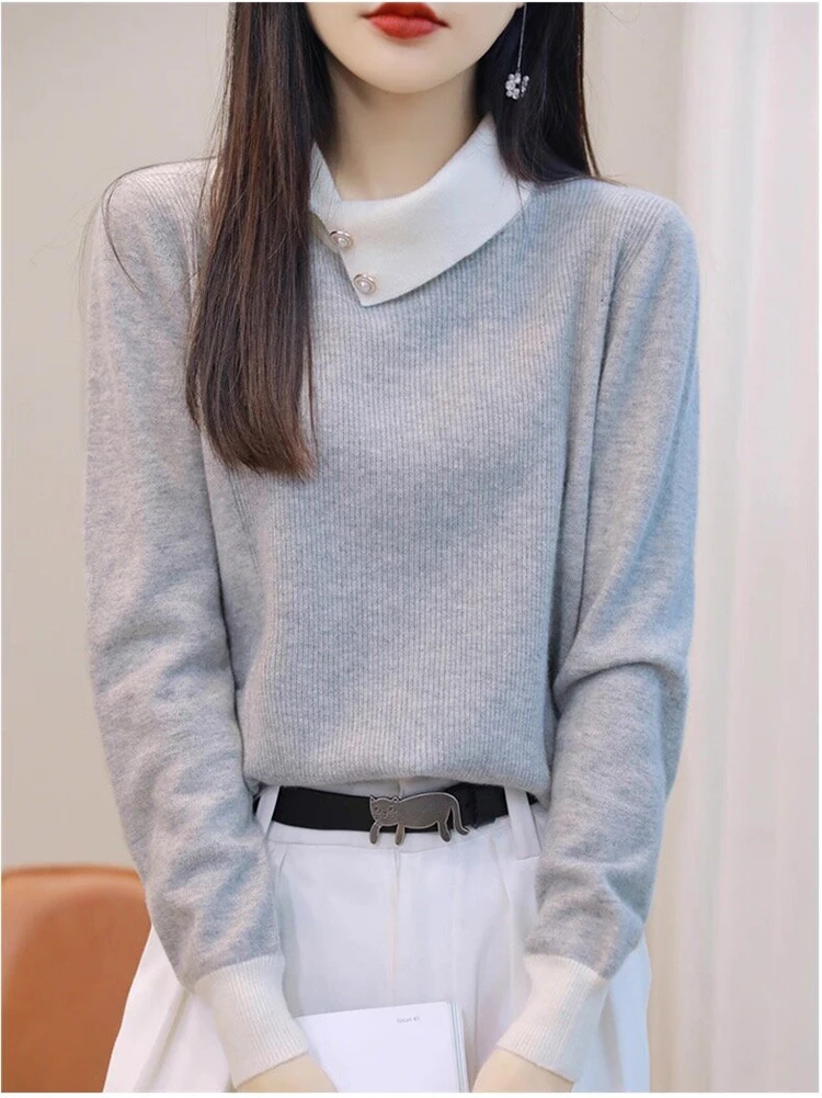 

Autumn Winter Elegant Pullover Knitted Sweater Women Turn-down Collar Elasticity Sweaters Long Sleeve Tops Black