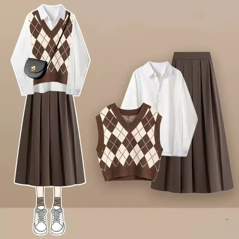Autumn and Winter New Diamond Splicing Vest Knitted Vest White Shirt Pleated Skirt Three Piece Set Elegant Women's Skirt Set - Image 3