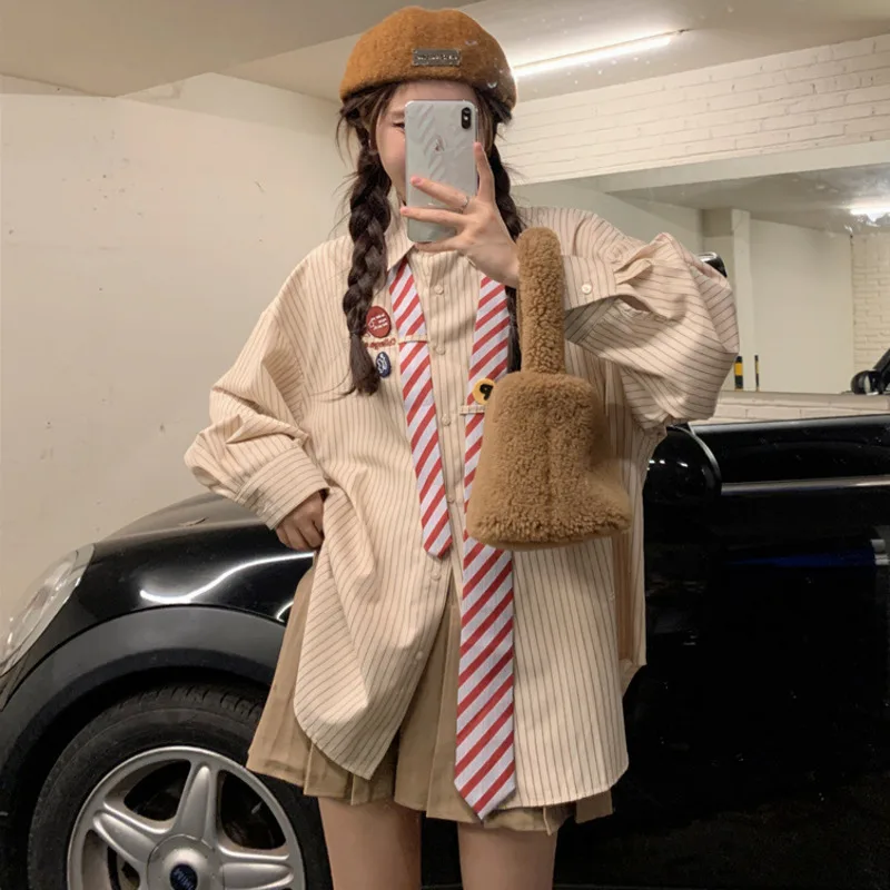 2023 Spring Summer Women New Vintage Striped Patchwork Necktie Shirt Long Sleeve Oversize Female Blouses Preppy Style Blusas Top