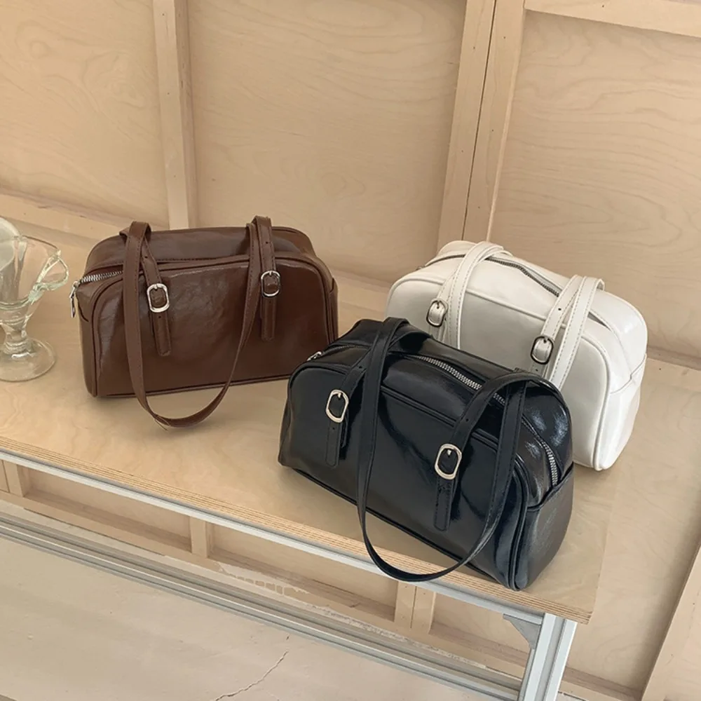 

Trendy PU Leather Boston Bag Large Capacity Retro Underarm Bag Casual Tote Female Handbag Girls
