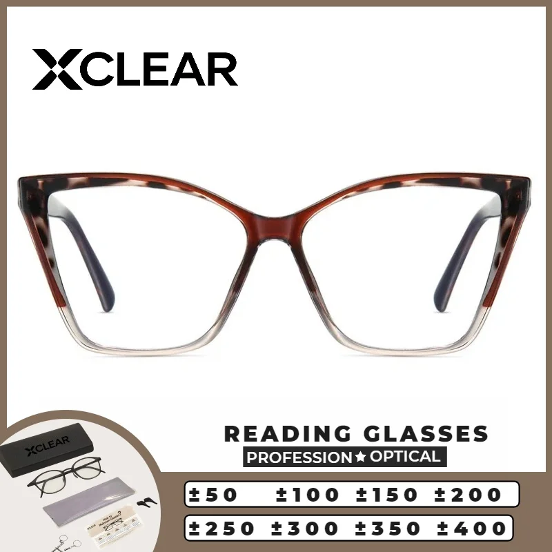 

XCLEAR Reading Glasses Women Cat Eye Square Tortoiseshell Gradient Anti Blue Light Lightweight Skinny Face Versatile Eyewear