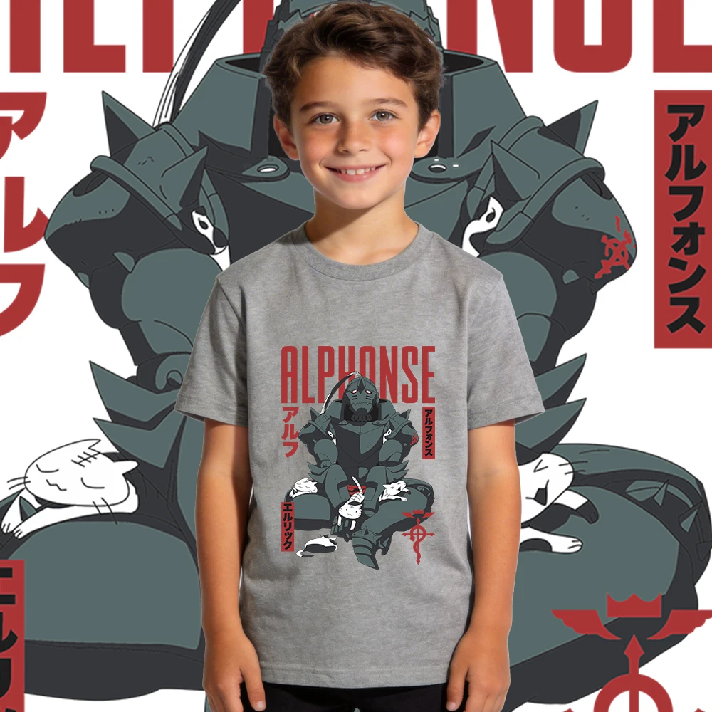 Full Metal Alchemist Alphonse Anime Print Cotton T Shirt Boys Girls Casual Soft Breathable Kids Tee Top