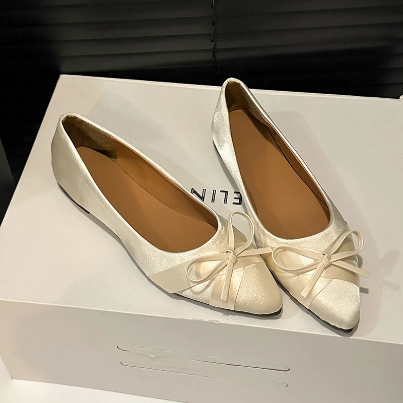 Fashionable flat shoes, solid-color bow silk surface ballet shoes, pointed toe soft-soled casual and comfortable women's shoes