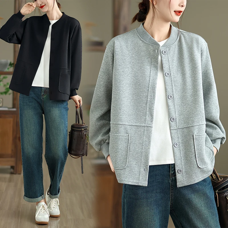 Loose Fit Baseball Jacket Lazy Style Thin Net Version Button up Korean Top Women's Large Size Sweatshirt Casual Short Coat