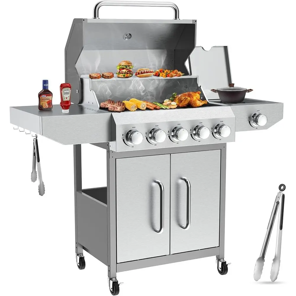

Llamaviva 5 Burner Propane Gas Grill with Side Burner,StainlSteel BBQ Grill with Porcelain-Enameled Cast Iron Grates, 68000 Cabi