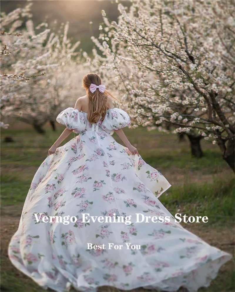 Verngo-Vestidos de Noche estampados de línea A para mujer, mangas abullonadas, escote Corazón, tren largo de 90 cm, vestidos de graduación formales elegantes, bata de matrimonio