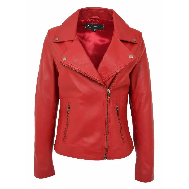 

Women's Lambskin 100% Leather Jacket Handmade Red Stylish Slim Fit Biker Coat