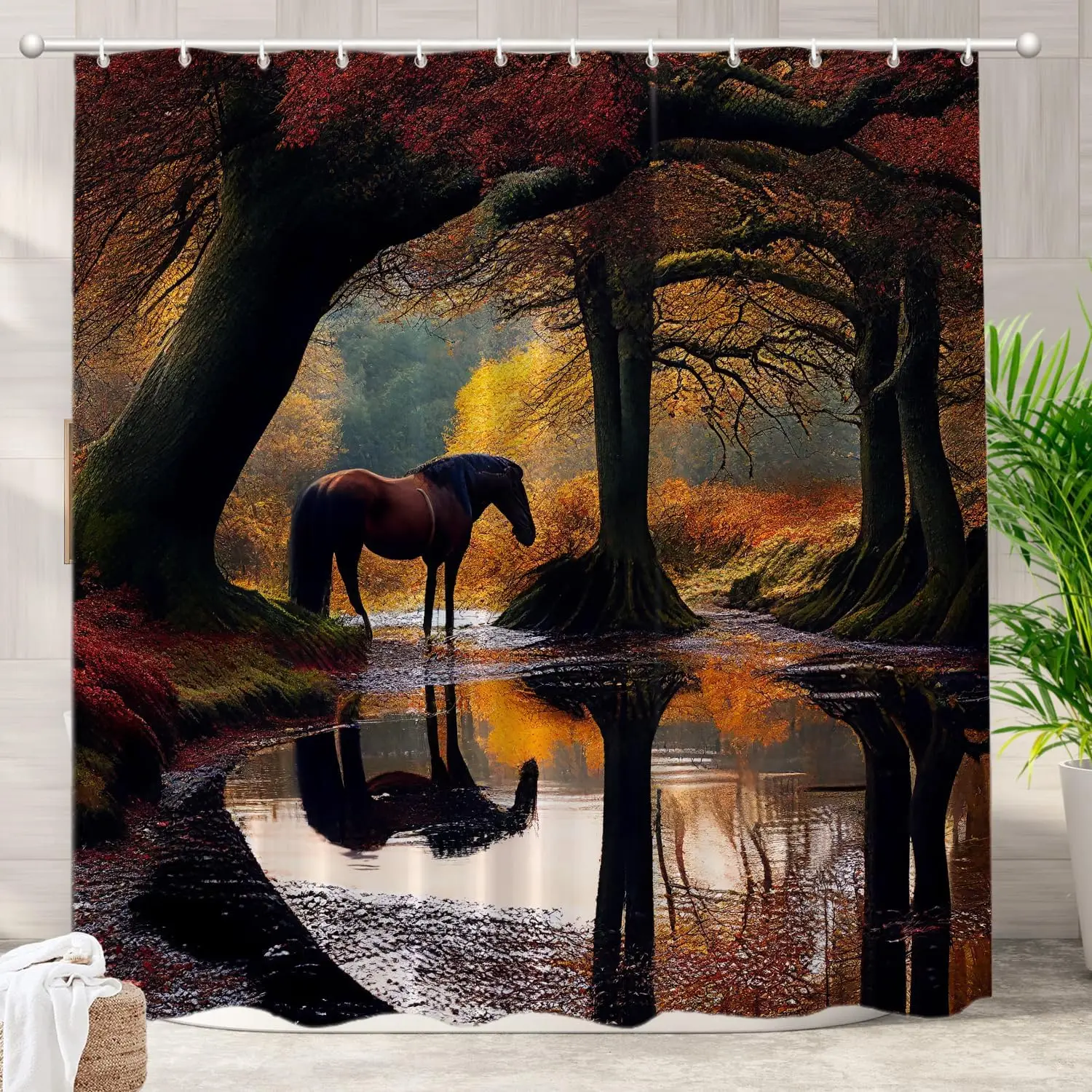 

Autumn Horse by Lake Pattern Waterproof Shower Curtain 180x200cm - Nature Scenery Bath Curtain for Rustic Home Decor