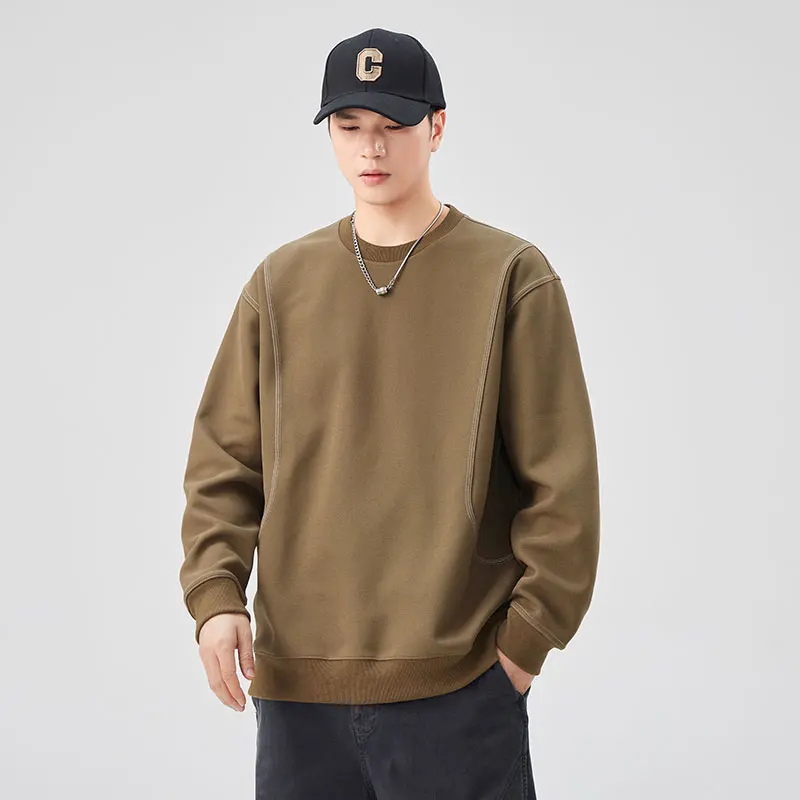 round Neck Sweater Bright Line Design Loose Solid Color Street Men and Women Same Style All-Matching Casual 2024 New Top