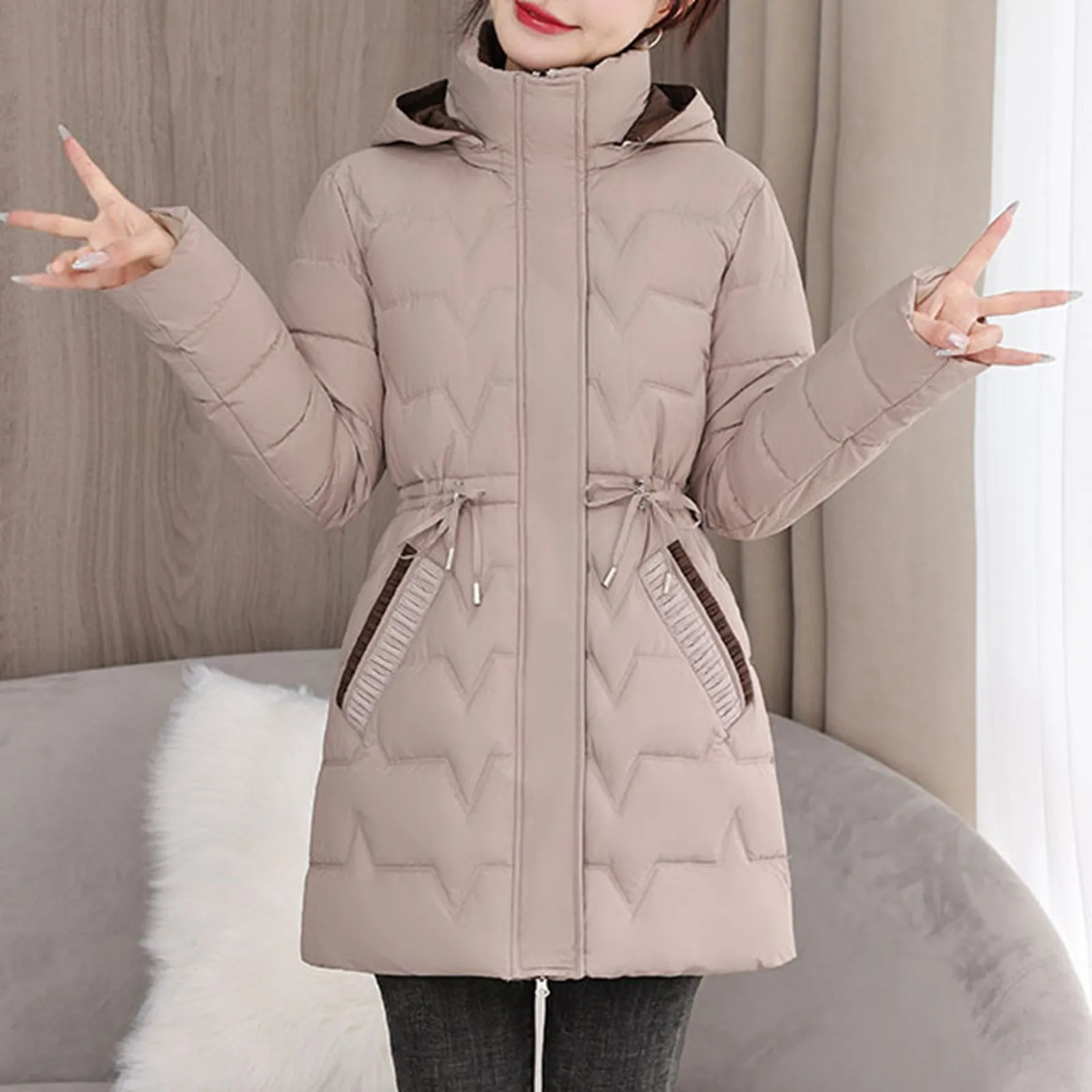 2024 Women's Mid Length Hooded Slim Fit Coat Autumn Winter Fashion Color Block Padded Coats Jackets for Women Coat Long Women