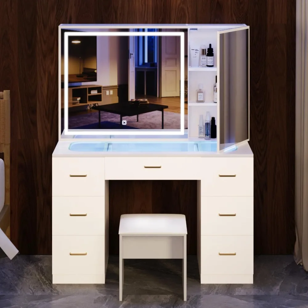 

Vanity Desk with Mirror and Lights,Makeup Vanity Table with Glass Top and 7 Drawers&Cushioned Stool,Dressing Table with Drawers