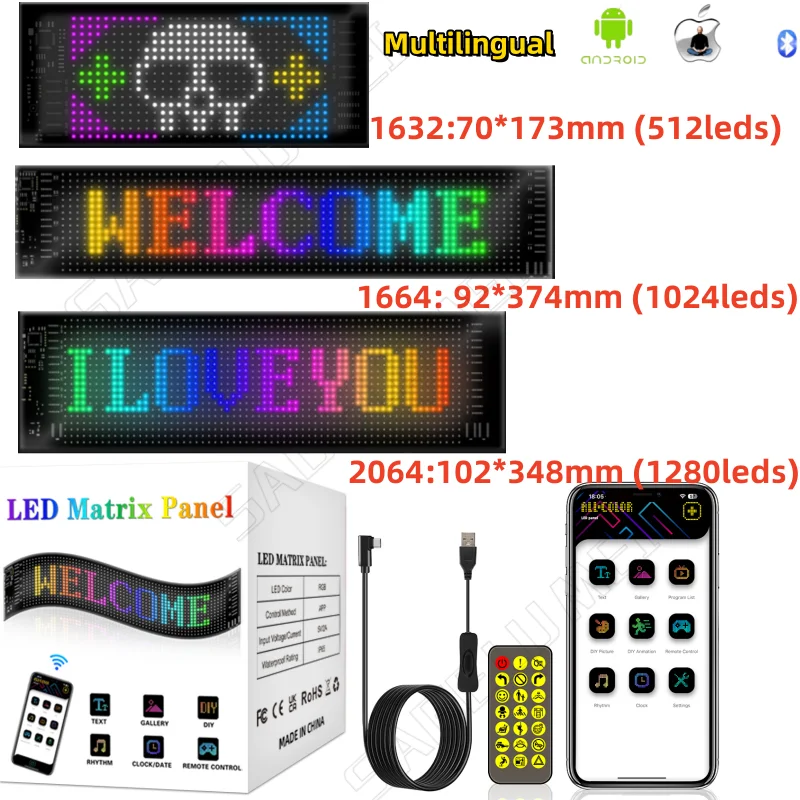 Multilingual APP Programmable DIY Scrolling Advertising Sign LED Car Screen Display with Remote Waterproof Matrix Pixel Panel 5V