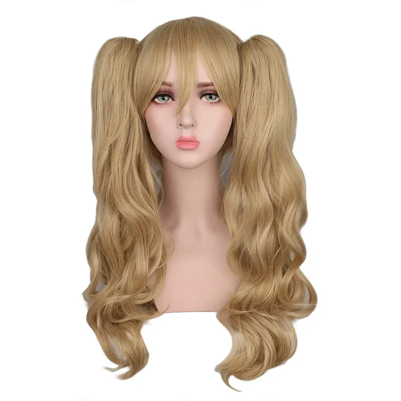 Qqxcaaw Cosplay Panjang Bergelombang Pirang Campuran dengan 2 Ekor Kuda 60 Cm Wig Rambut Sintetis