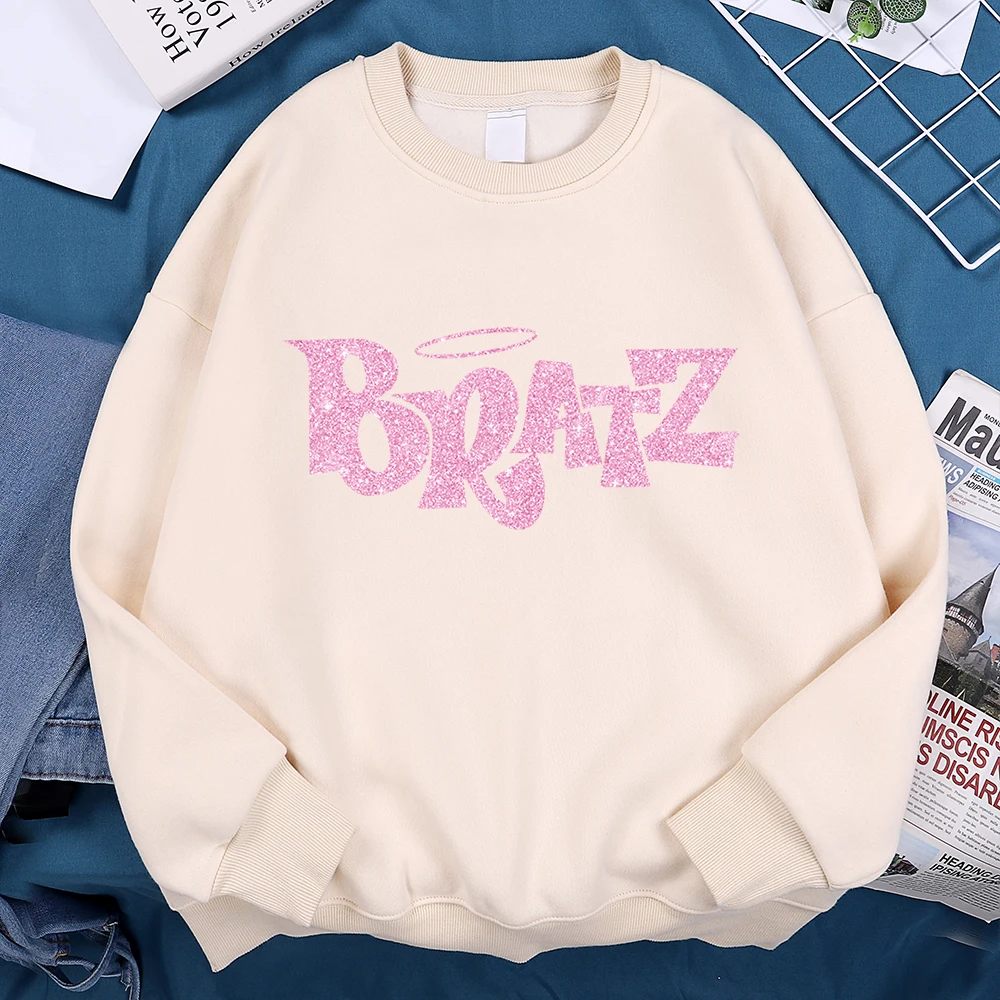 Pink Cartoon Letters Bratz Print Sweatshirts Mens Casual Fleece Clothes Creativity Warm Hoodie Autumn Loose Streetwear Pullover