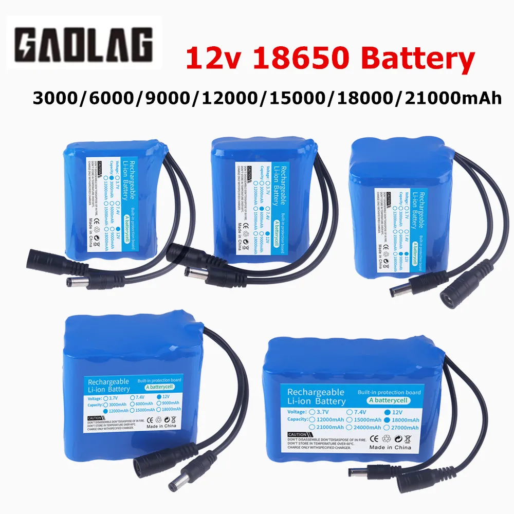 100% New Portable 12V 3000/6000/9000/12000/18000/21000mAh Battery Pack 12v 18650 Lithium ion DC 12.6V Super Rechargeable Battery