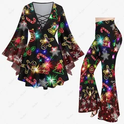 Christmas Tree Snowflake Elk Graphic 3D Printed Outfits Ombre Flare Sleeves Lattice Top Or Flare Pants New Women's Matching Set