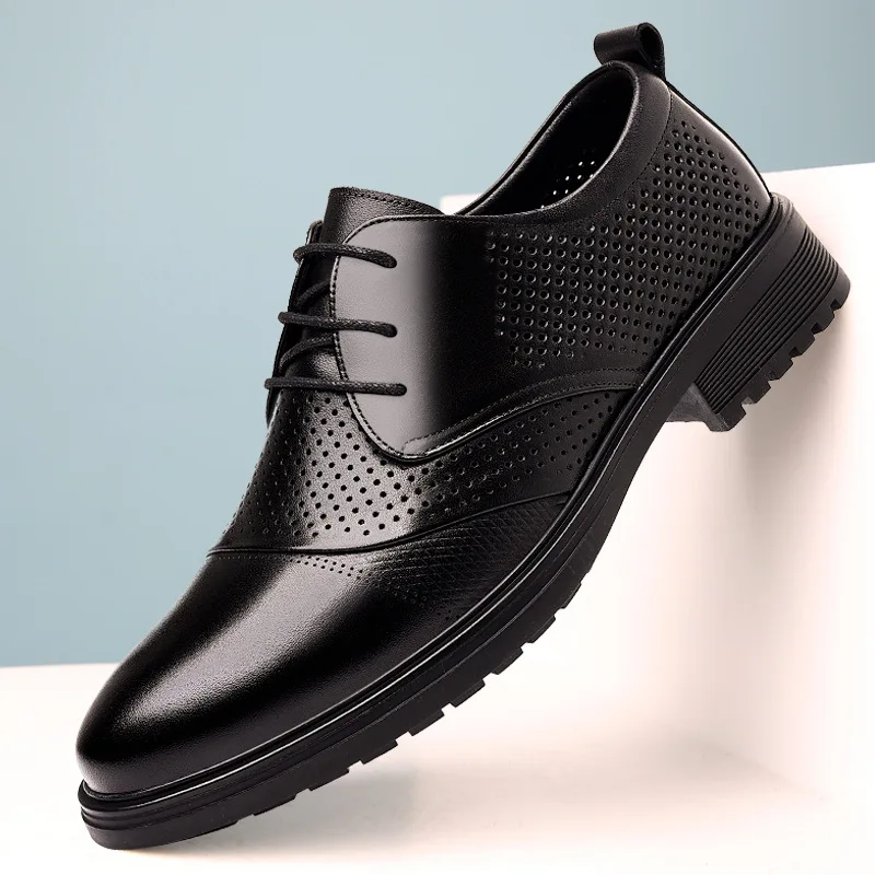 Men's Dress Shoes Fashion Casual Cow Leather Hollowed Out Breathable Business Casual Lace-up Pointy Soft Soled Shoes for Men