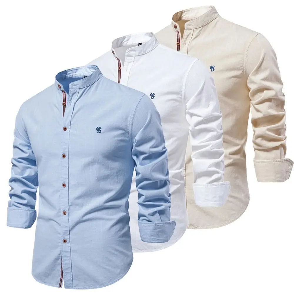 New 100% Cotton Linen Men's Shirt Color Embroidery Brand Autumn Season Special Wide Fit Fleece Lined  Collar Nine Sleeve