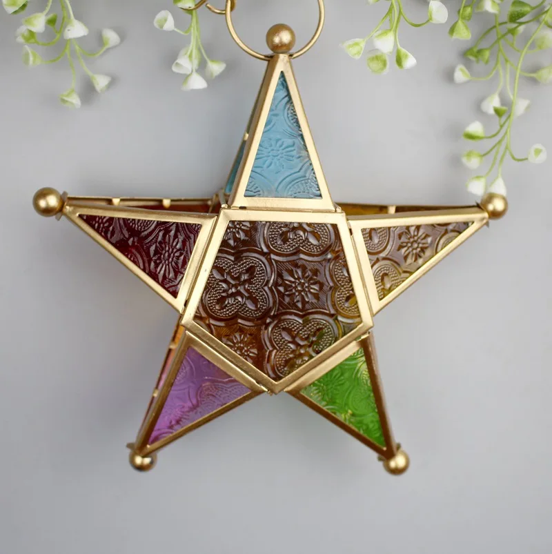 

Moroccan Wrought Iron Color Glass Wind Lamp Candle Holder Garden Terrace Ornament Home Decoration Metal Five-pointed Star