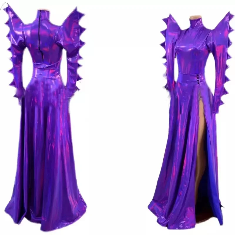 Drag Queen Costume Sexy Purple Laser Exaggerated Shoulder Bodysuit Dress Nightclub Ds Dj Gogo Wear Pole Dance Outfit