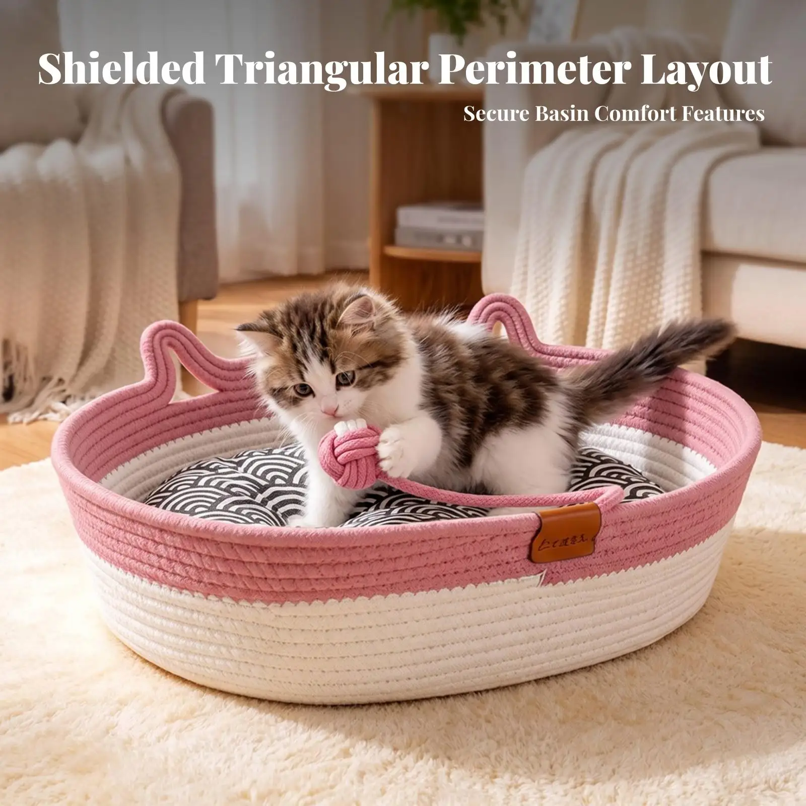 Woven Pet Basket Snug Oval Cat Basket Safe for Living Room, Bedroom, Small Dogs