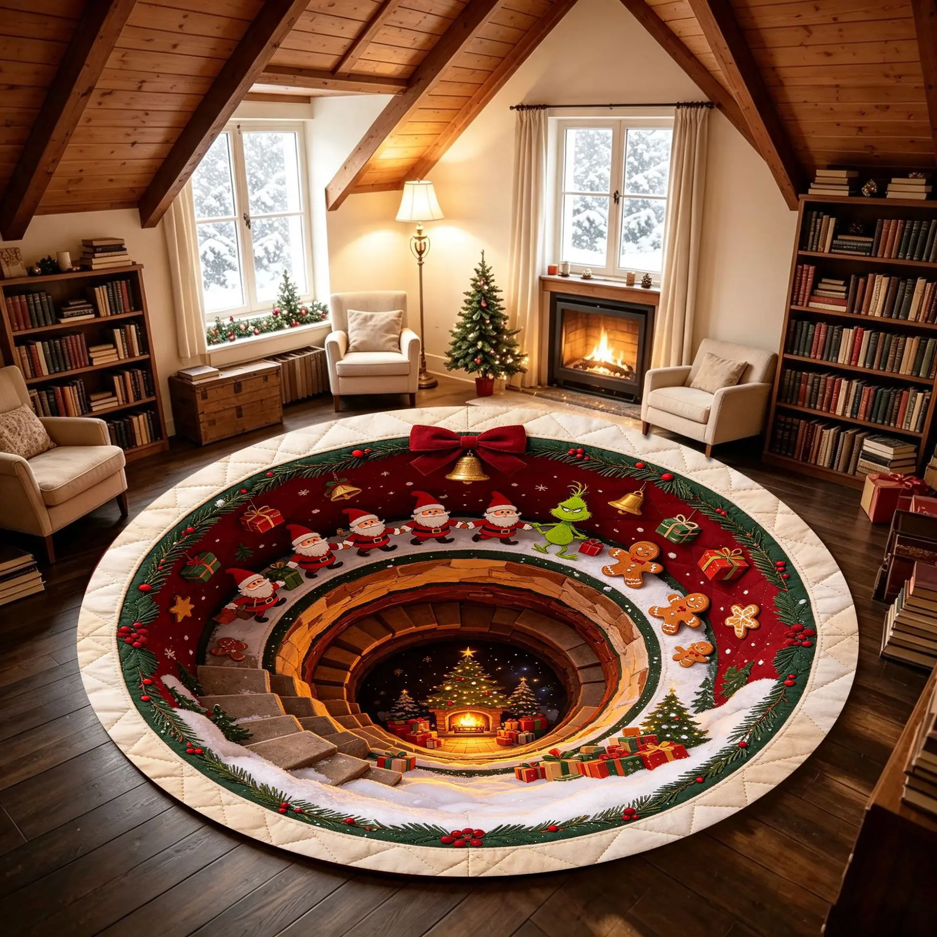 VIKAMA Gift Box Vortex 3D Tunnel Presents Green Round Rug Soft Flannel Non-Slip Bedroom Bedside Living Room Christmas Carpet