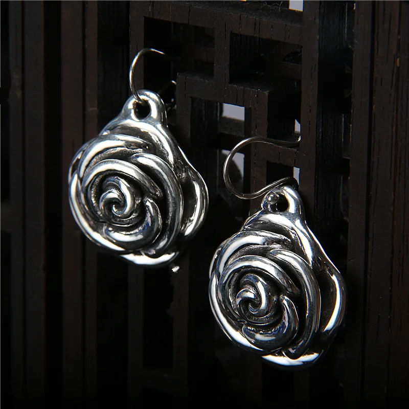 Uglyless Shining Glossy Silver Chinese Rose Earrings for Women 925 Sterling Silver Flower Earrings Vintage Ethnic Floral Brincos