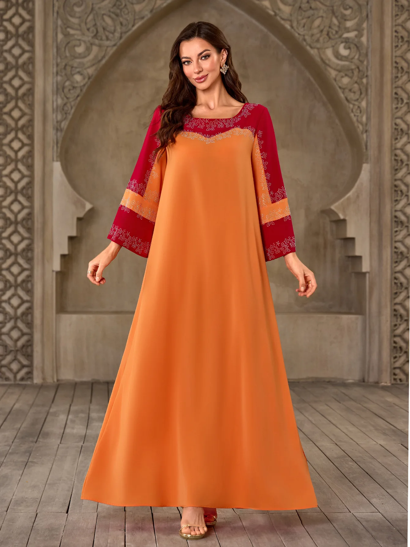 ผู้หญิงมุสลิมเพชร Flare Sleeve Maxi ชุด Abayas ดูไบตุรกี Kaftan Ramadan Jalabiya Caftan ชุด Musulmane Femme Vestido