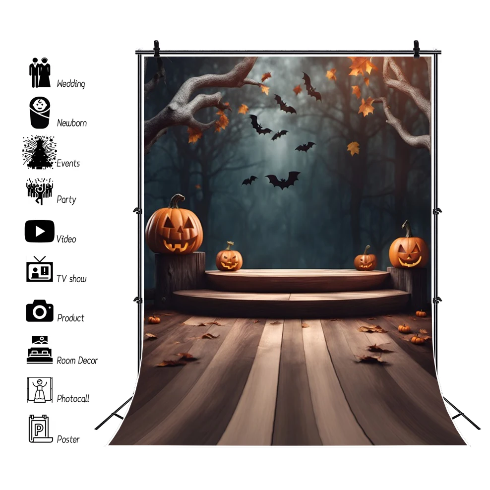 Halloween Pumpkin Lantern Wooden Floor Background Fall Leaves Bat Scary Scene Photography Backdrop Halloween Theme Supplies