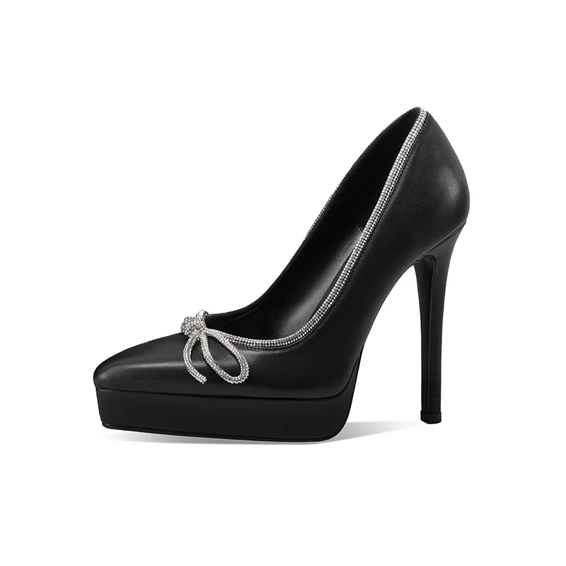 

Arden Furtado 2025 Spring Platform Thin heel bowknot Crystal cowhide Pumps Pointed toe Shallow Super high heel Sexy Single shoe