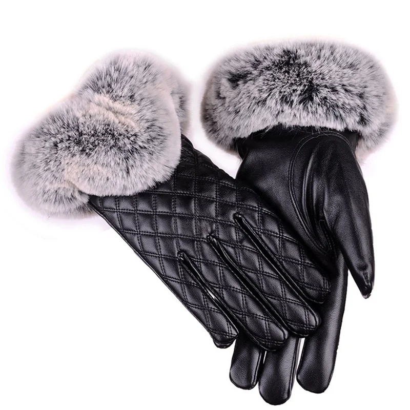 Fashion Women Warm Thick Leather Winter Gloves Elegant Women Ladies Brand Mittens Free Size With Rabbit Fur Female Gloves