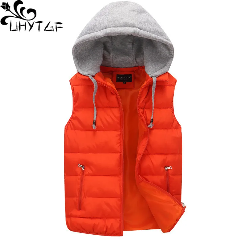 

UHYTGF Wholesale Autumn Winter Cotton Vest Mens Hooded Casual Warm Parker Jacket Male Sleeveless Down Waistcoat Coat Men 4XL 292