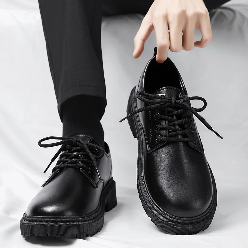 

Men's formal casual business leather shoes British style student sole lace round toe non slip comfortable outdoor cotton shoes