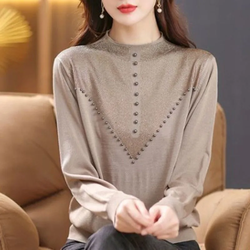 Simplicity Elegant Beading Spliced Women's Sweaters Autumn Winter Fashion Female Clothing Commute Long Sleeve Knitted Pullovers